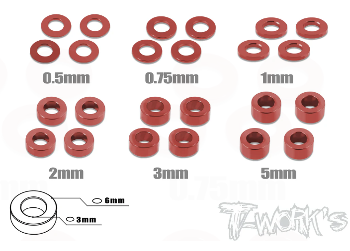 T-Works Aluminum 3mm Bore Washer Set (Red)