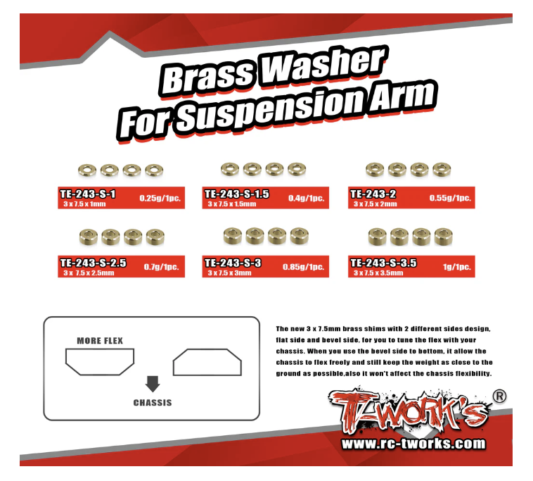 T-Works Brass Washer Set for Suspension Arm 3 x 7.5 (Each 8pcs)