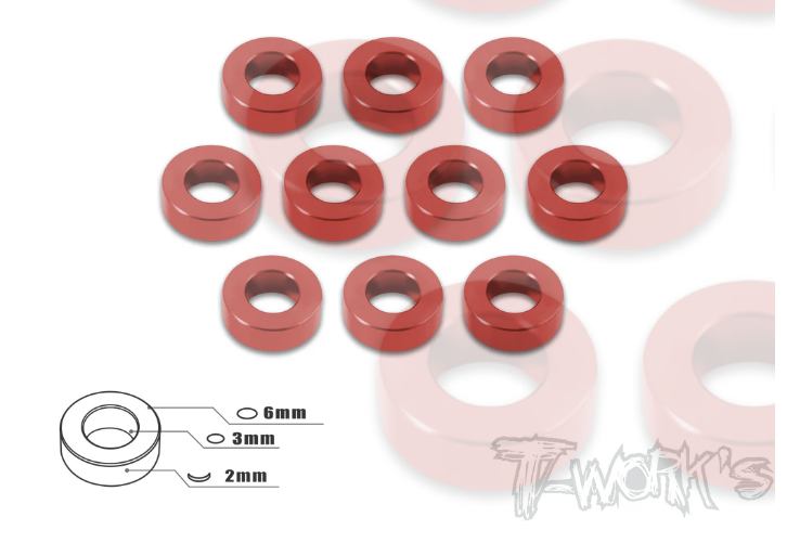 T-Works Aluminum 3mm Bore Washer 2mm ( Red ) 10 pcs.
