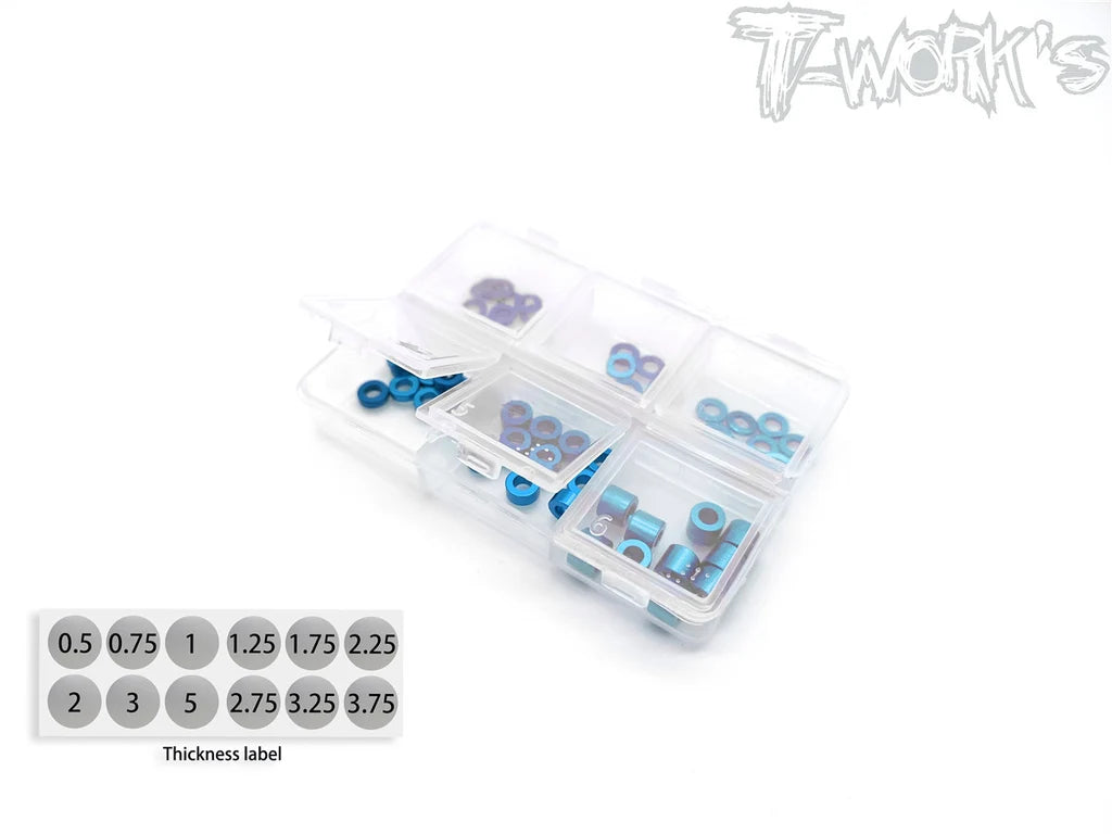 T-works Aluminum 3mm Bore Washer Set 0.5,0.75,1,2,3,5mm Each 10pc (TAMIYA BLUE)