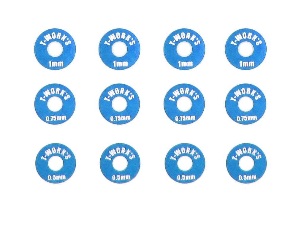 T-Works Aluminum Wheel Shim Set ( Tamiya Blue ) 0.5, 0.75, 1mm each  4 pcs