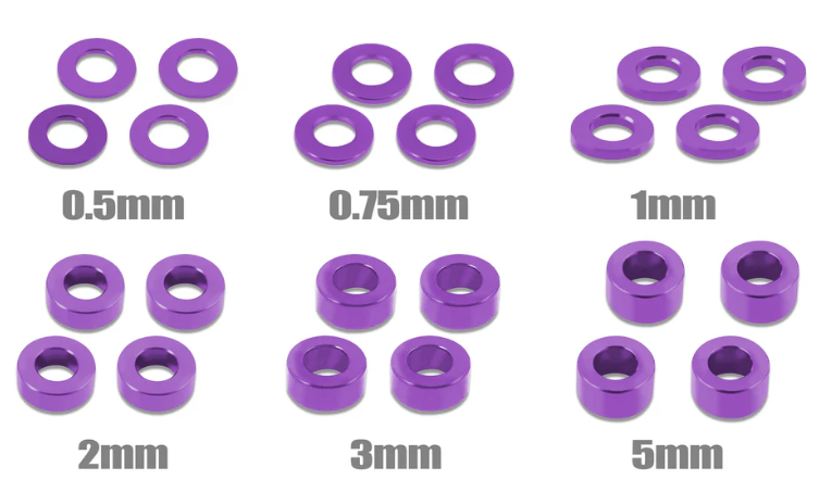 T-Works Aluminum 3mm Bore Washer Set 0.5,0.75,1,2,3,5mm Each 10pc (Purple)