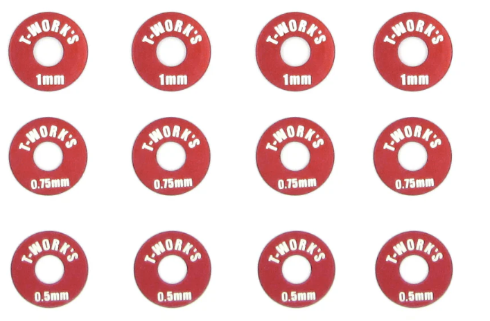 T-Works Aluminum Wheel Shim Set ( red ) 0.5, 0.75, 1mm each 4 pcs