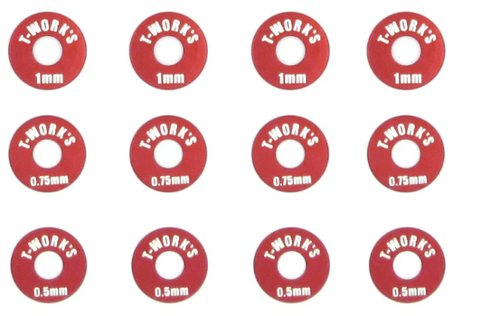 T-Works Aluminum Wheel Shim Set ( red ) 0.5, 0.75, 1mm each 4 pcs