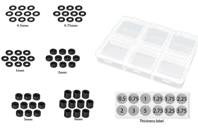 T-works Aluminum 3mm Bore Washer Set 0.5,0.75,1,2,3,5mm Each 10pc (Black)